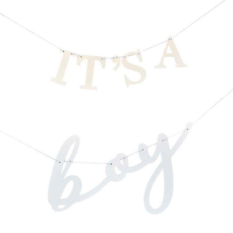 White and blue 'It's A Boy' bunting, 1.5m long, perfect for baby showers and gender reveal parties.