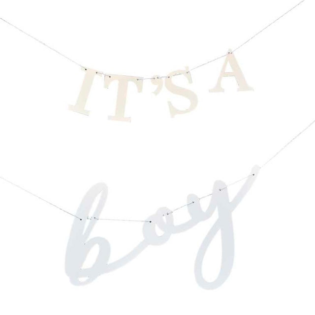 White and blue 'It's A Boy' bunting, 1.5m long, perfect for baby showers and gender reveal parties.