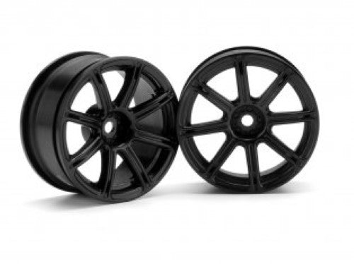 Black 26mm racing wheels with 3mm offset, ideal for RC cars, featuring WORK EMOTION XC8 design for enhanced performance.