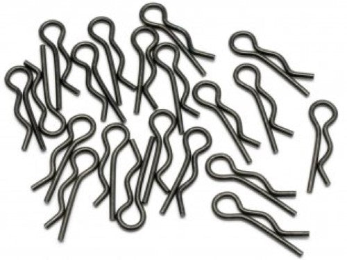 Durable black body clips pack (20) for securely holding RC car bodies, enhancing stability during racing.