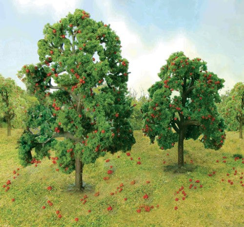 Set of two 75mm apple trees, detailed greenery and fruit, ideal for dioramas and model railroads.