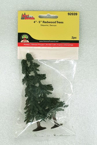 Set of two 100-125mm redwood trees, perfect for enhancing model railways and dioramas with realistic detail.