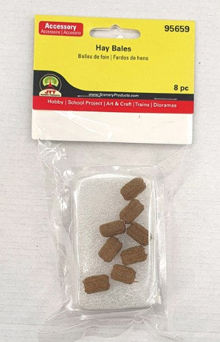Detailed miniature hay bales in an 8-pack, perfect for railway layouts and dioramas, enhancing rural scenery realism.