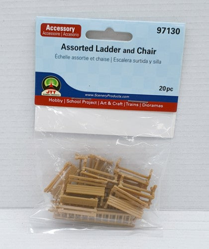 Set of 20 HO gauge assorted ladders and chairs for enhancing model scenery and adding realism to layouts.