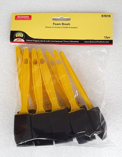 Set of 12 foam brushes for hobby model scenery, ideal for precise paint application on various materials.