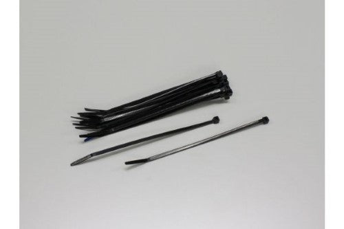 Durable medium black cable ties for secure organization of wires and cables in hobby and professional applications.