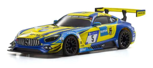 Vibrant blue and yellow AMG GT3 #5 body shell designed for enhanced RC racing performance on MR-03 chassis.