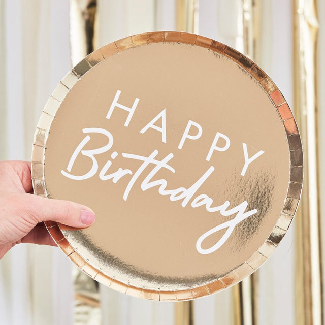 Elegant gold foiled birthday plates, 24cm, perfect for serving cake and appetizers at celebrations, pack of 8.