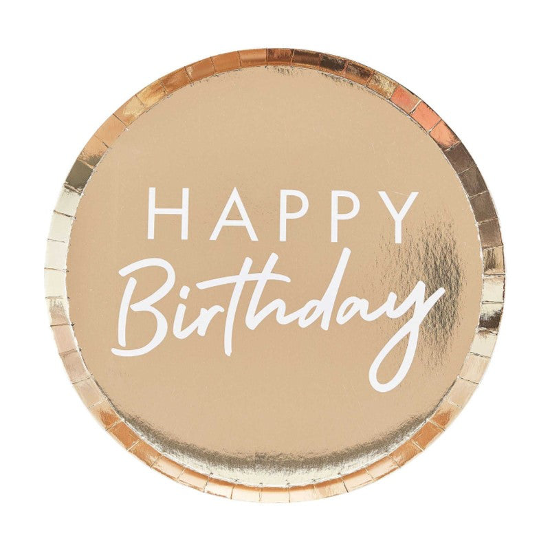 Elegant gold foiled birthday plates, 24cm, pack of 8, perfect for serving delicious treats at celebrations.