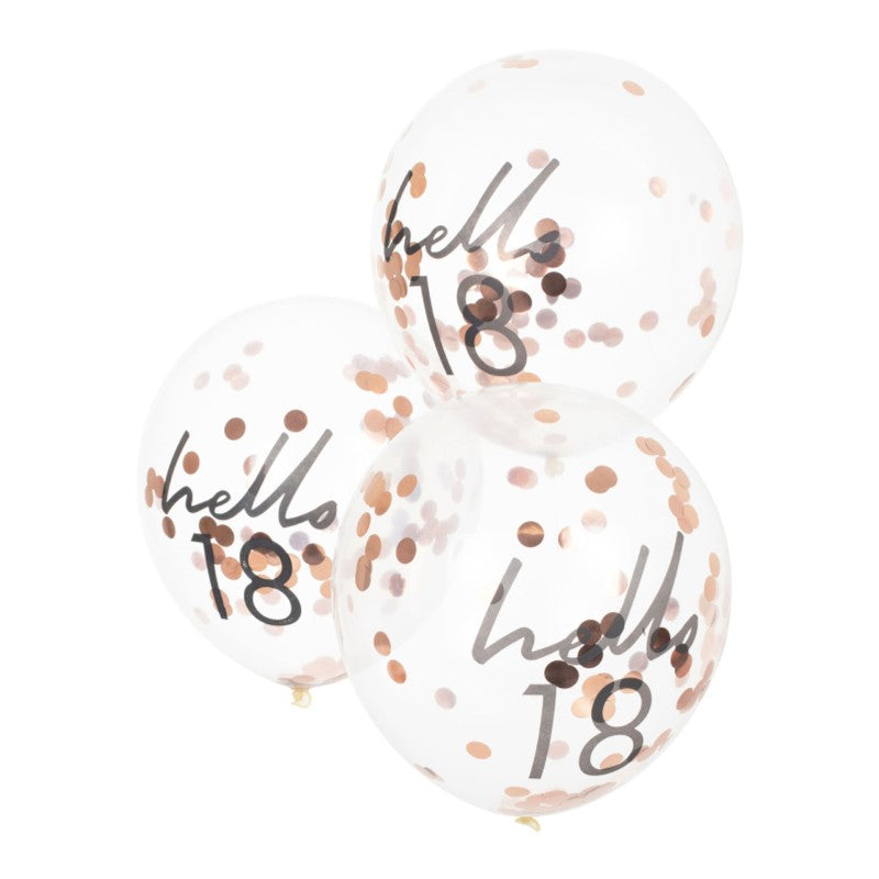 Pack of 5 rose gold confetti-filled 'Hello 18' balloons, perfect for 18th birthday celebrations and party decor.