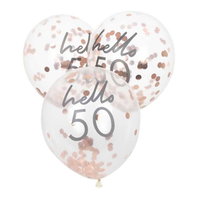 Pack of 5 rose gold confetti balloons, 30cm, perfect for celebrating a milestone birthday in style.