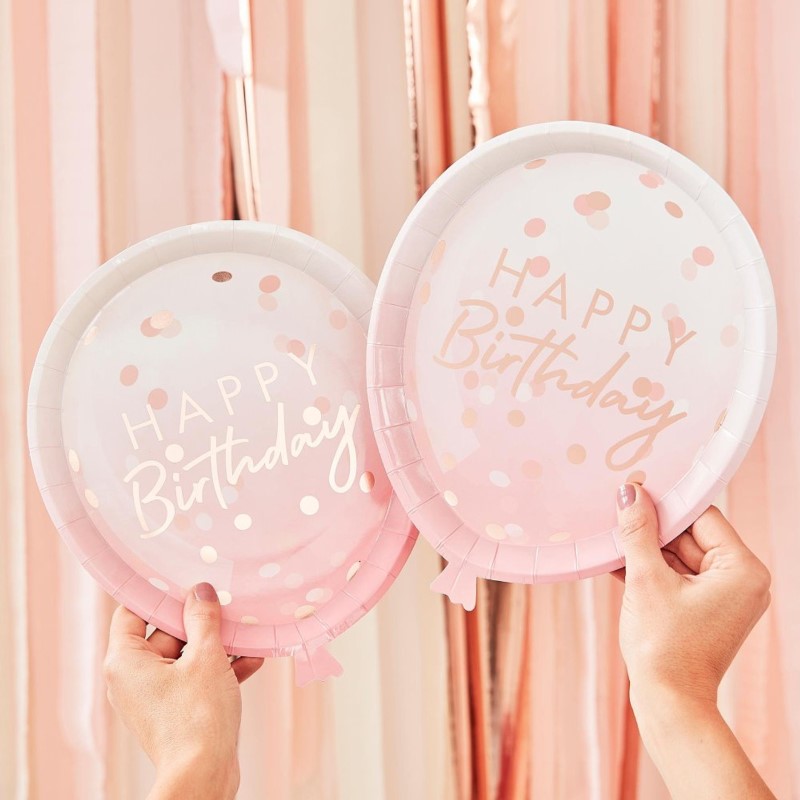 Pack of 8 rose gold balloon-shaped paper plates, 29cm x 24cm, perfect for stylish party serving and decor.