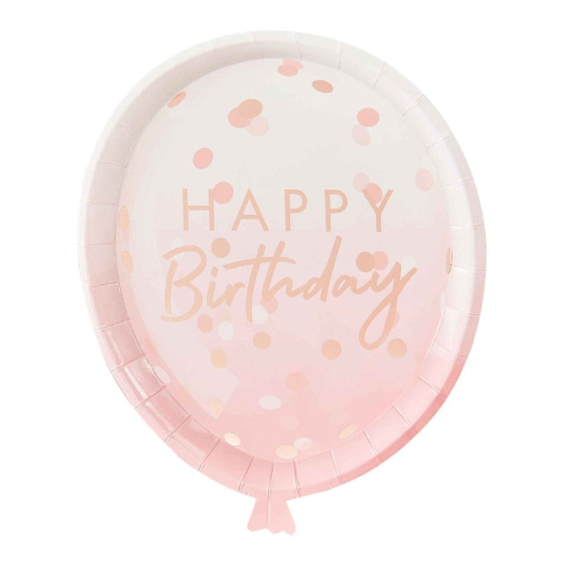 Pack of 8 rose gold balloon-shaped paper plates, 29cm x 24cm, perfect for elegant party food serving.