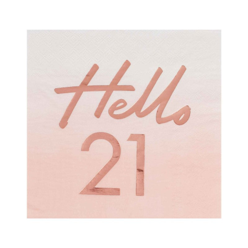 Hello 21st Birthday Party Napkins Rose Gold - Pack of 16 18cm x 17cm