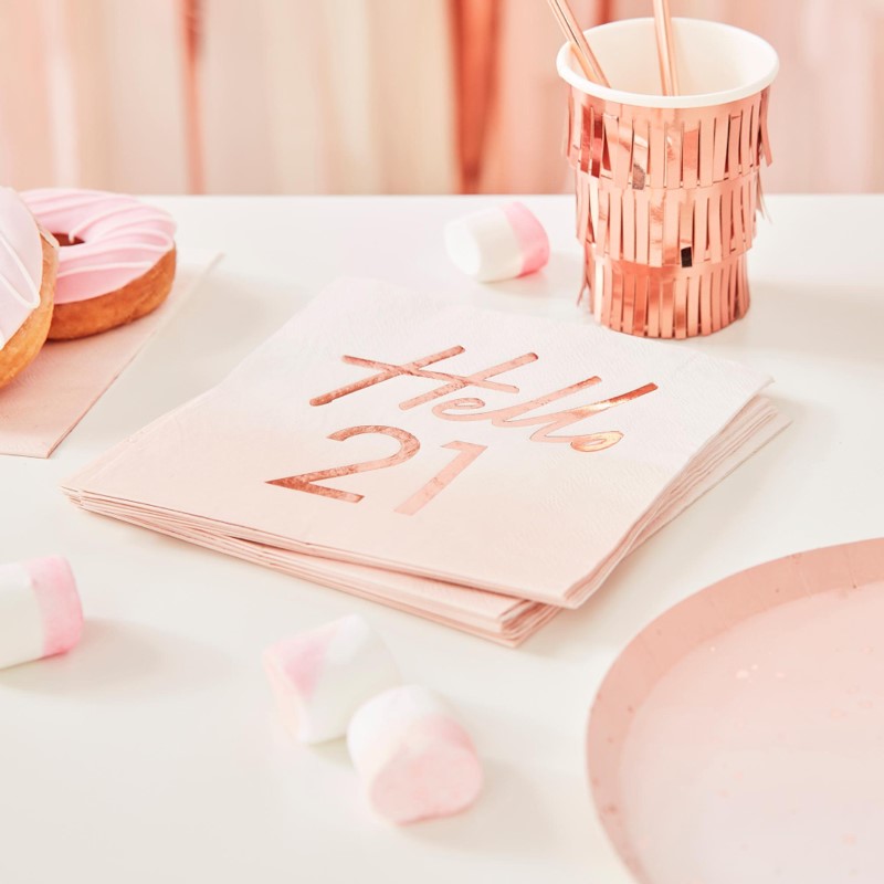 Hello 21st Birthday Party Napkins Rose Gold - Pack of 16 18cm x 17cm