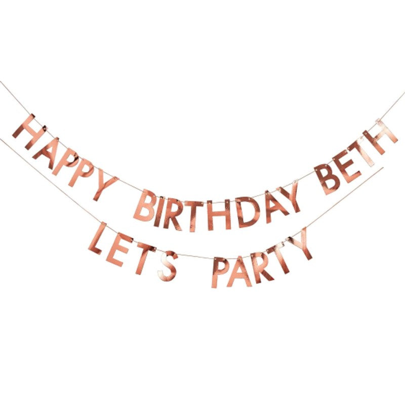 Rose gold personalized birthday banner, 4m long, featuring customizable letters for festive celebrations.