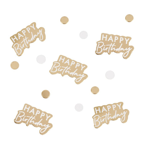 Gold and white Happy Birthday confetti in a 13g pack, perfect for adding elegance to party decor and celebrations.