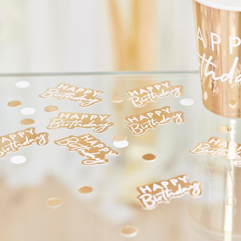 Gold and white birthday confetti with foil finish, perfect for adding elegance to celebrations and party decor.