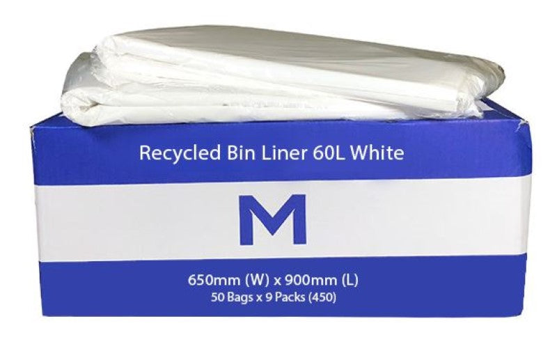FP Recycled Bin Liner 60L - White, 650mm x 900mm x 30mu (Box of 450)
