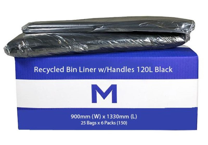 FP Recycled Bin Liner w/Handles 120L - Black, 900mm x 1330mm x 30mu (Box of 200)