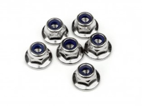 Pack of 6 M3 flanged Nylock nuts for secure RC vehicle assembly, designed to prevent loosening under vibration.