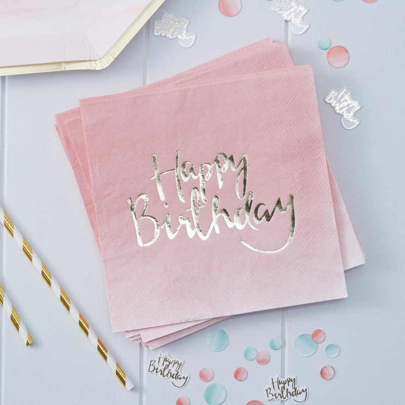 Pack of 20 gold foiled pink ombre 'Happy Birthday' napkins, perfect for elegant party decor and celebrations.