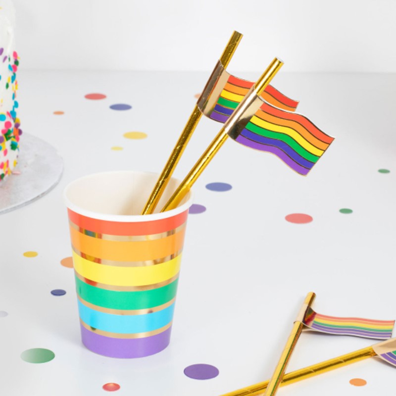 Rainbow Gold Foiled Flag Straws - Pack of 16