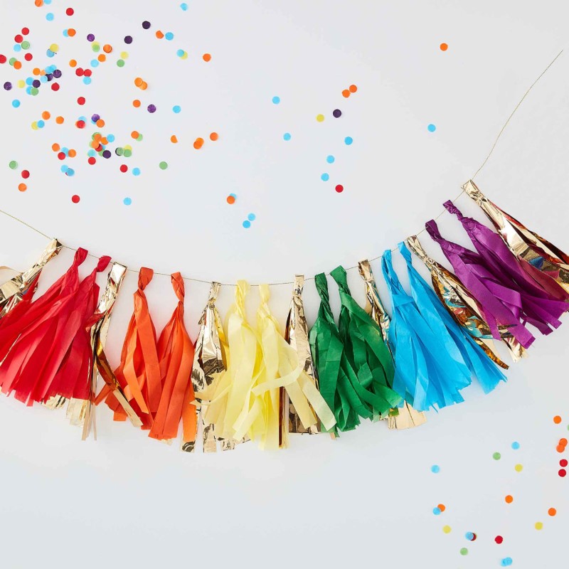 Gold Foil and Rainbow Tassel Garland 1.5m featuring 19 vibrant tassels, perfect for festive celebrations and easy to assemble.