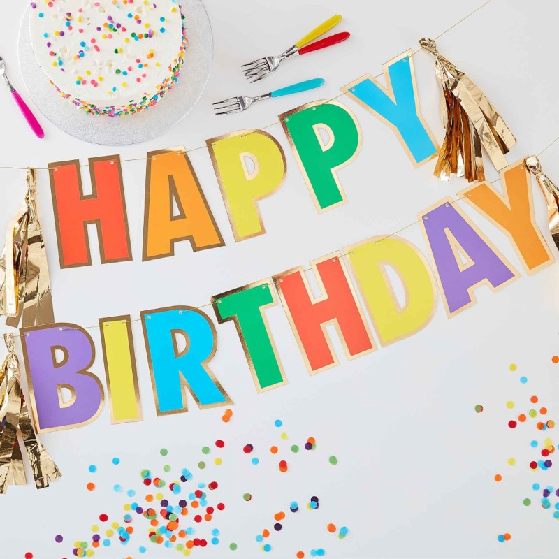 Vibrant 3m Rainbow Happy Birthday Bunting with gold accents, perfect for festive indoor or outdoor party decor.