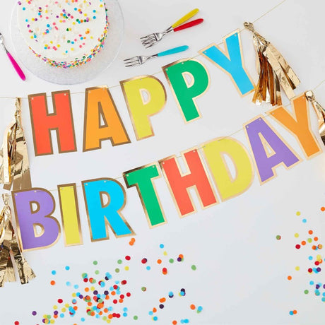 Vibrant 3m Rainbow Happy Birthday Bunting with gold accents, perfect for festive indoor or outdoor party decor.