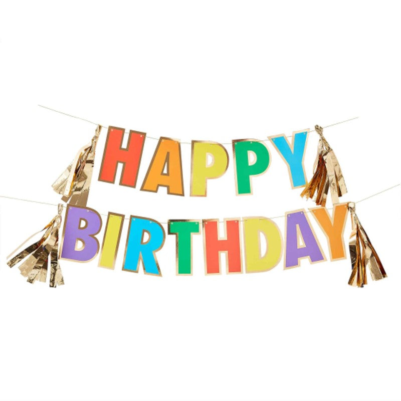 Vibrant 3m Rainbow Happy Birthday Bunting with gold foil accents, perfect for festive party decor and easy to hang.