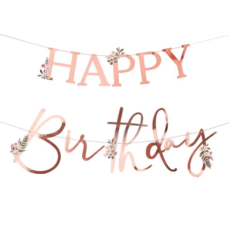Floral Rose Gold Happy Birthday Banner, 4m, with elegant flower designs for stylish birthday celebrations.