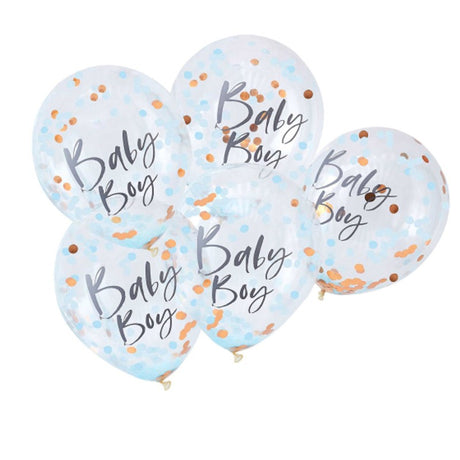 Pack of 5 blue and rose gold confetti balloons for a memorable baby boy shower, perfect for festive decor and photo backdrops.