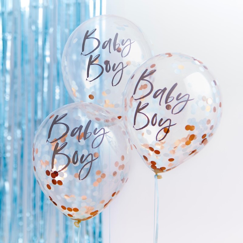 Pack of 5 blue and rose gold confetti balloons for a baby boy's shower, adding charm and celebration to your decor.