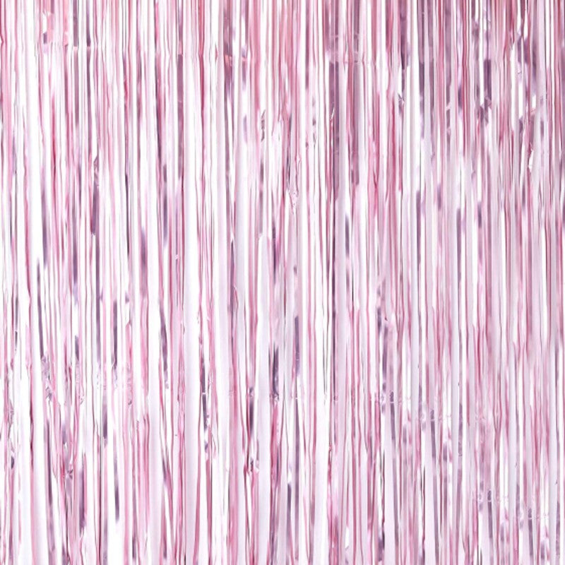 Matte pink fringe curtain backdrop, 2.2m high, ideal for party photo ops and decorations, made of foil.