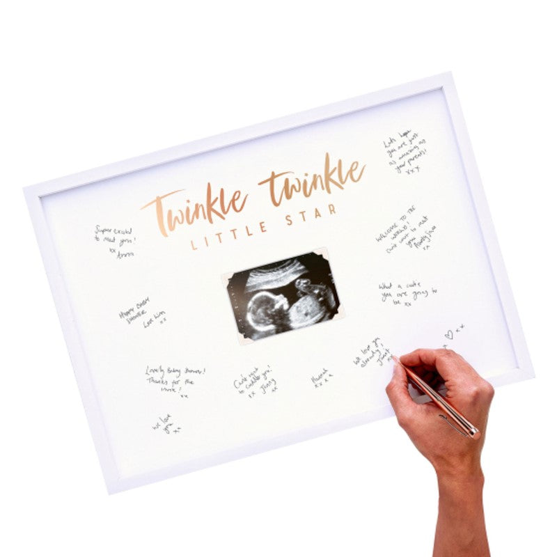 Elegant Baby Scan Frame in rose gold, perfect for guest messages at baby showers and keepsakes for nursery decor.