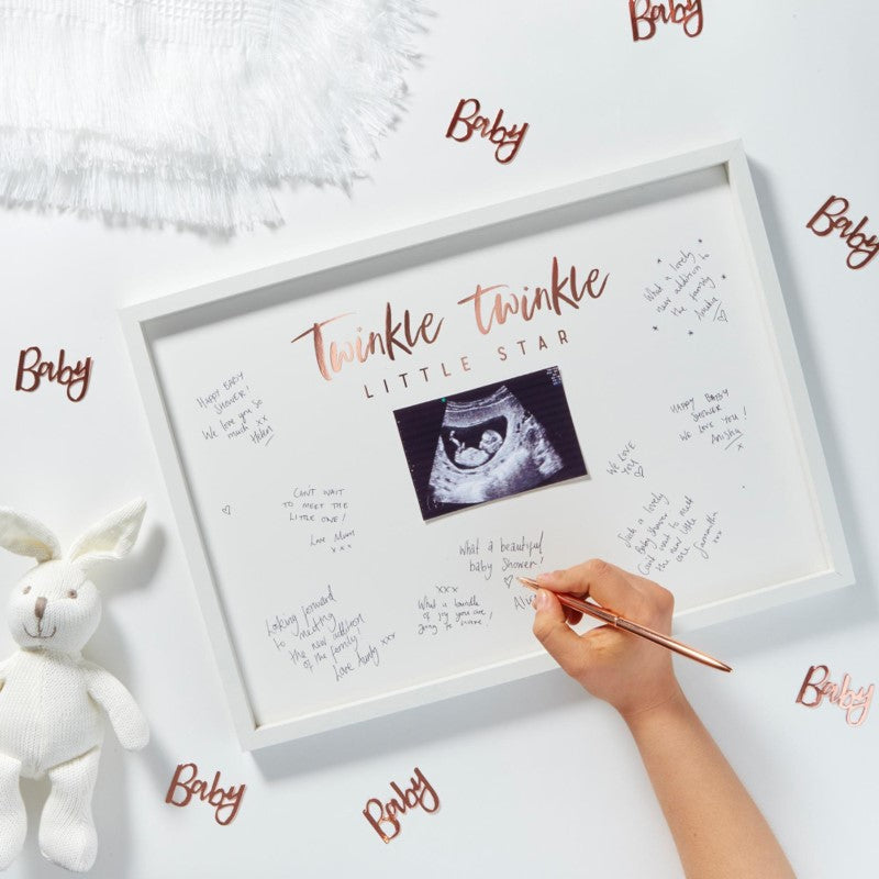 Elegant baby scan frame for guests to sign at baby showers, featuring rose gold foil design and sturdy wooden construction.