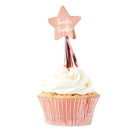Rose gold star cupcake toppers, 12-pack, perfect for elevating birthday and baby shower desserts.