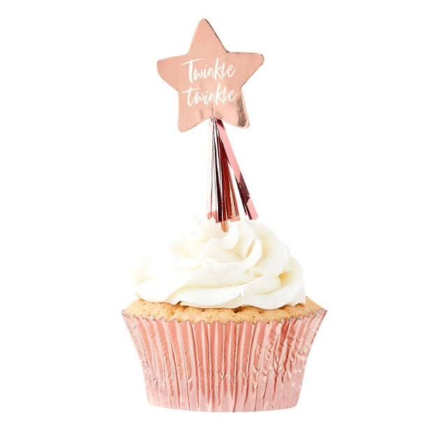 Rose gold star cupcake toppers, 12-pack, perfect for elevating birthday and baby shower desserts.