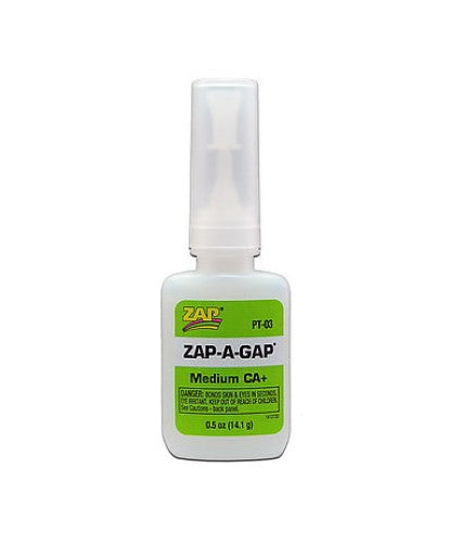 ZAP-A-GAP Hobby Glue (14.1g) for strong bonds on metal, wood, rubber, ceramics, and plastics; ideal for crafts and repairs.