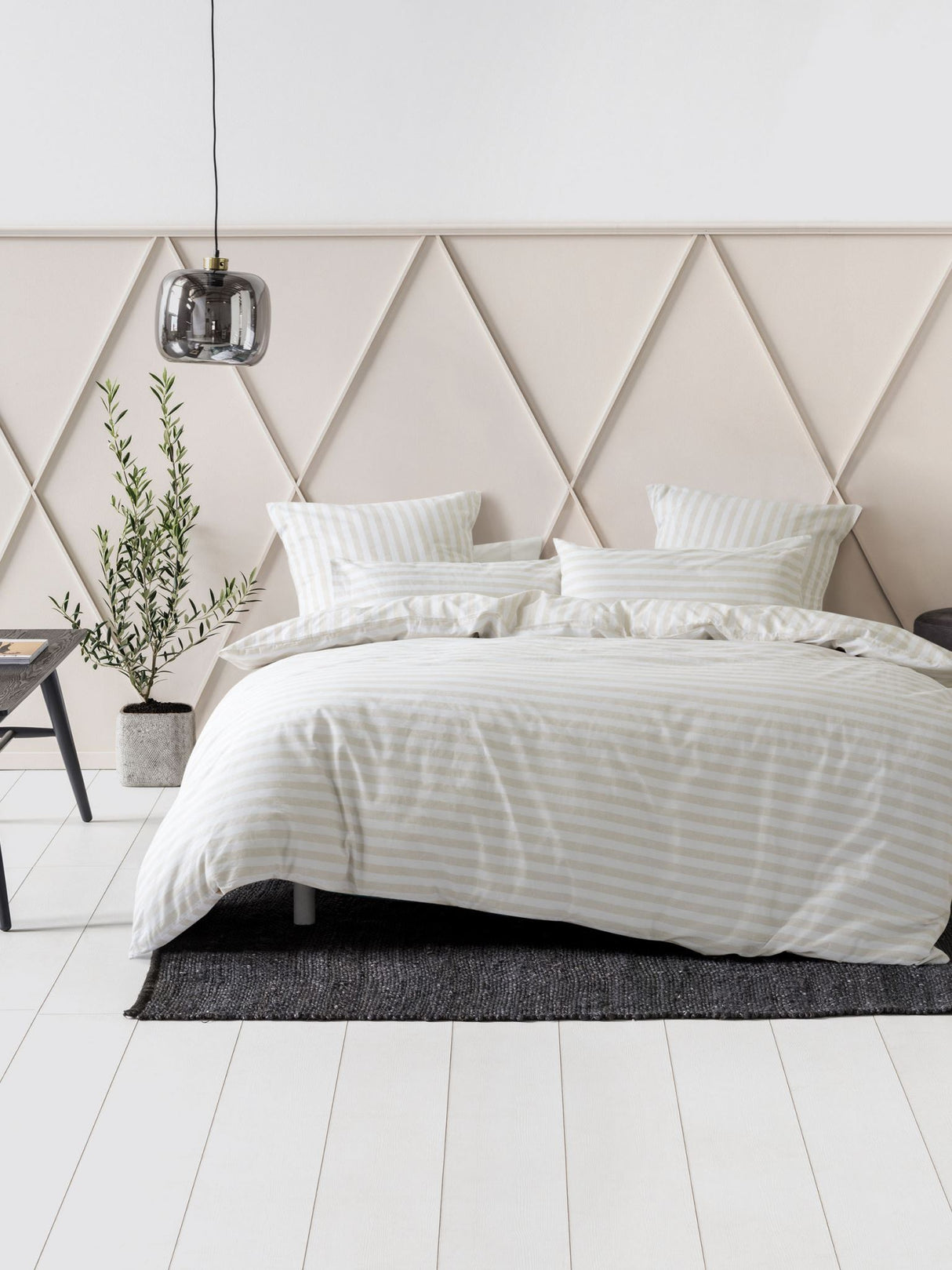 Luxurious King Duvet Cover Set in Sand Charlie design, featuring reversible textured stripes in sand and white.