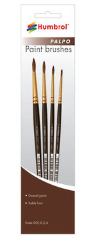 Humbrol Palpo Brush Pack with four natural sable brushes in sizes 000, 0, 2, and 4 for precision painting and detailing.