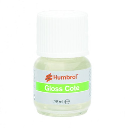 Humbrol Modelcote Glosscote 28ml varnish for a high-gloss finish on models, dries clear, protects against wear.