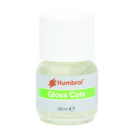 Humbrol Modelcote Glosscote 28ml varnish for a high-gloss finish on models, dries clear, protects against wear.