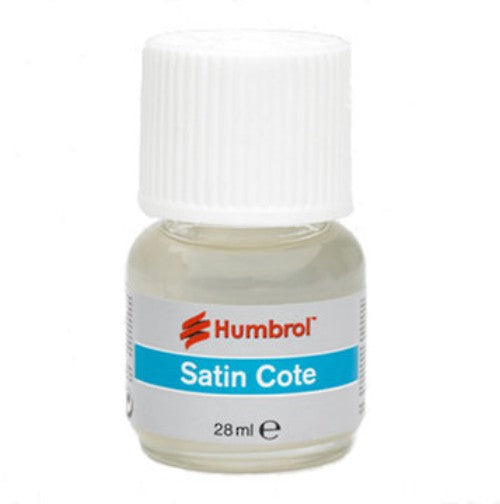Humbrol Modelcote Satincote 28ml varnish offering a clear, satin finish for model protection and enhancement.