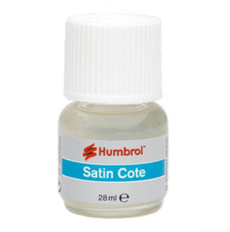 Humbrol Modelcote Satincote 28ml varnish offering a clear, satin finish for model protection and enhancement.
