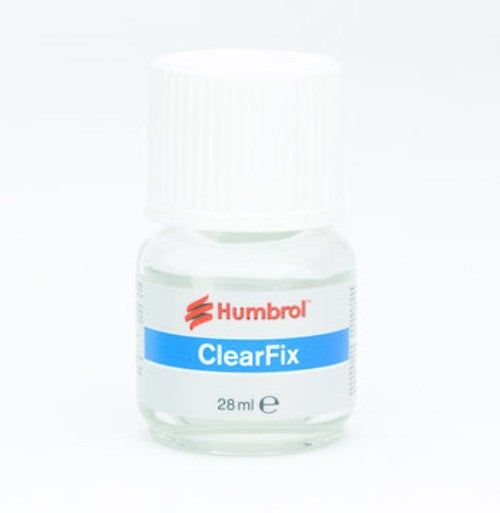 Humbrol Clearfix 28ml bottle for clear plastic adhesion, ensuring a strong, transparent bond without frosting effects.