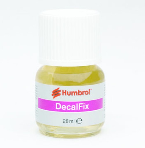 Humbrol Decalfix 28ml bottle for softening and securing decals on painted surfaces.