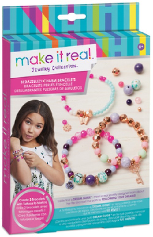 DIY charm bracelet kit with vibrant beads, playful charms, and matching tattoos for creative kids' jewelry design.