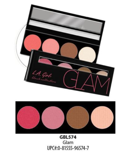 LA Girl Beauty Brick Blush - Glam palette featuring four blendable blush shades, bronzer, highlighter, and mirror in glossy packaging.